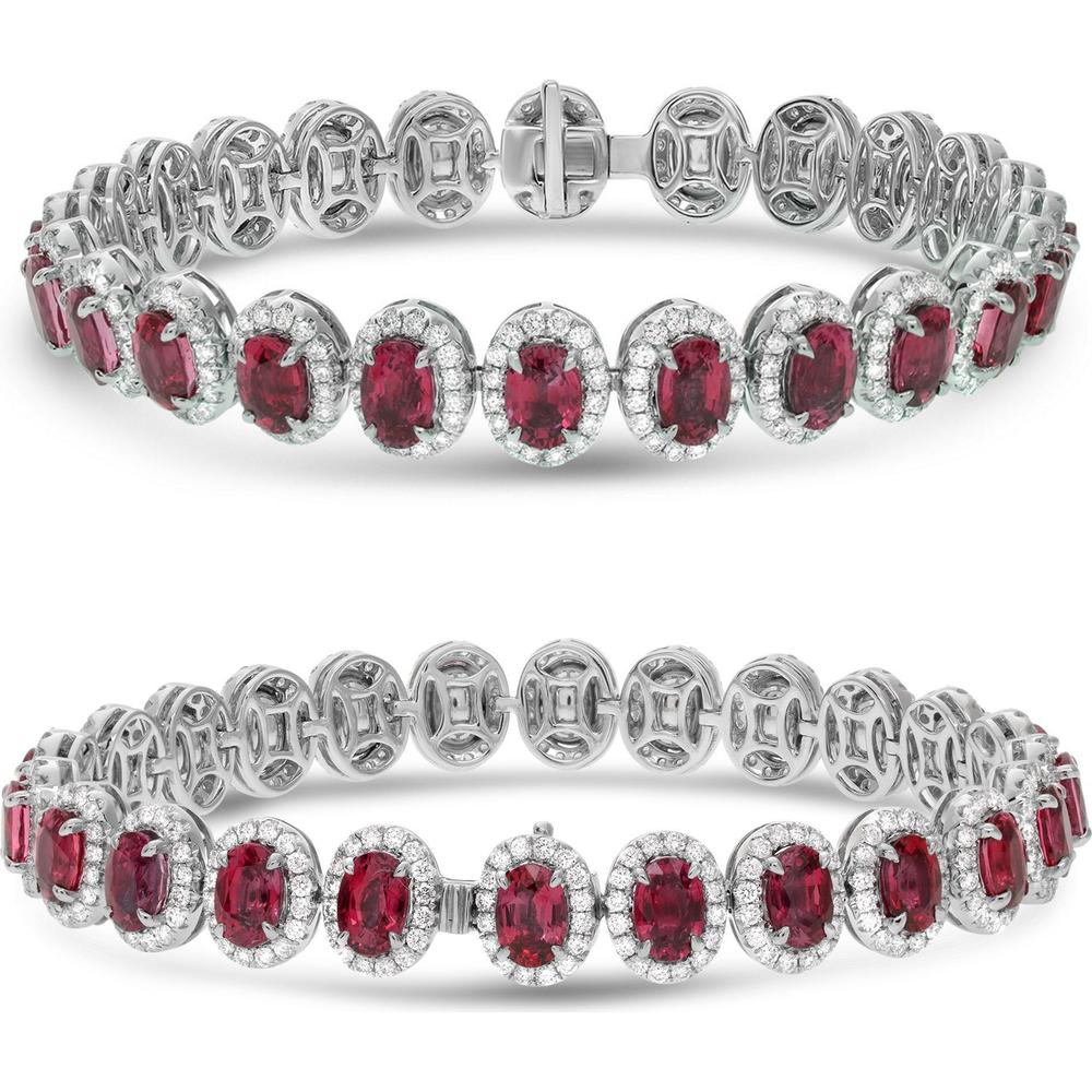 Roman & Jules - 18K White Gold Bracelet with Oval Rubies and Diamond Halo - 2.79 Carat Total Diamond Weight
