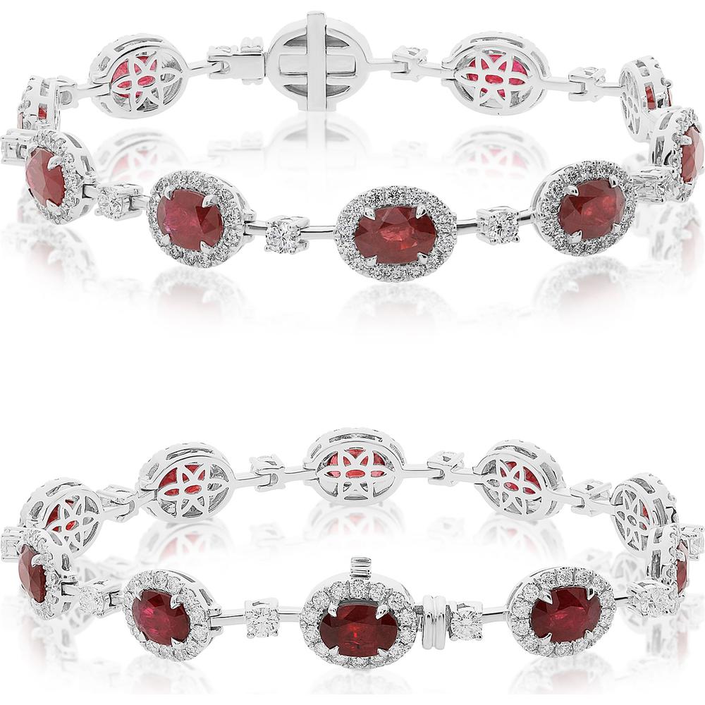Roman & Jules - 18K White Gold Bracelet with Oval Rubies and Diamond Halos - 10.00 Carat Total Ruby Weight, 2.00 Carat Total Diamond Weight