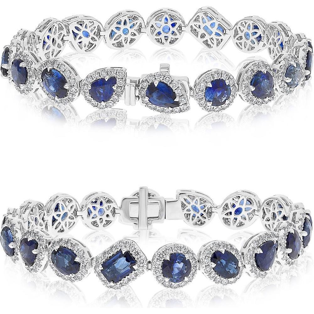 Roman & Jules - 18K White Gold Bracelet with Round Diamond Halo and Mixed Shape Sapphires - 16.63 Carat Total Sapphire Weight