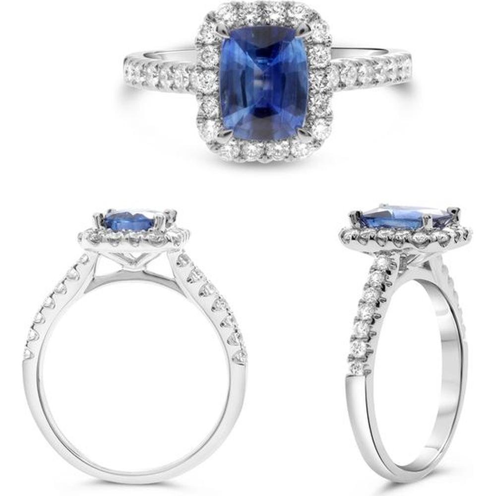 Roman & Jules - 18K White Gold Classic Blue Sapphire and Diamond Halo Ring - 1.81 Carat Sapphire, 0.59 Carat Total Diamond Weight