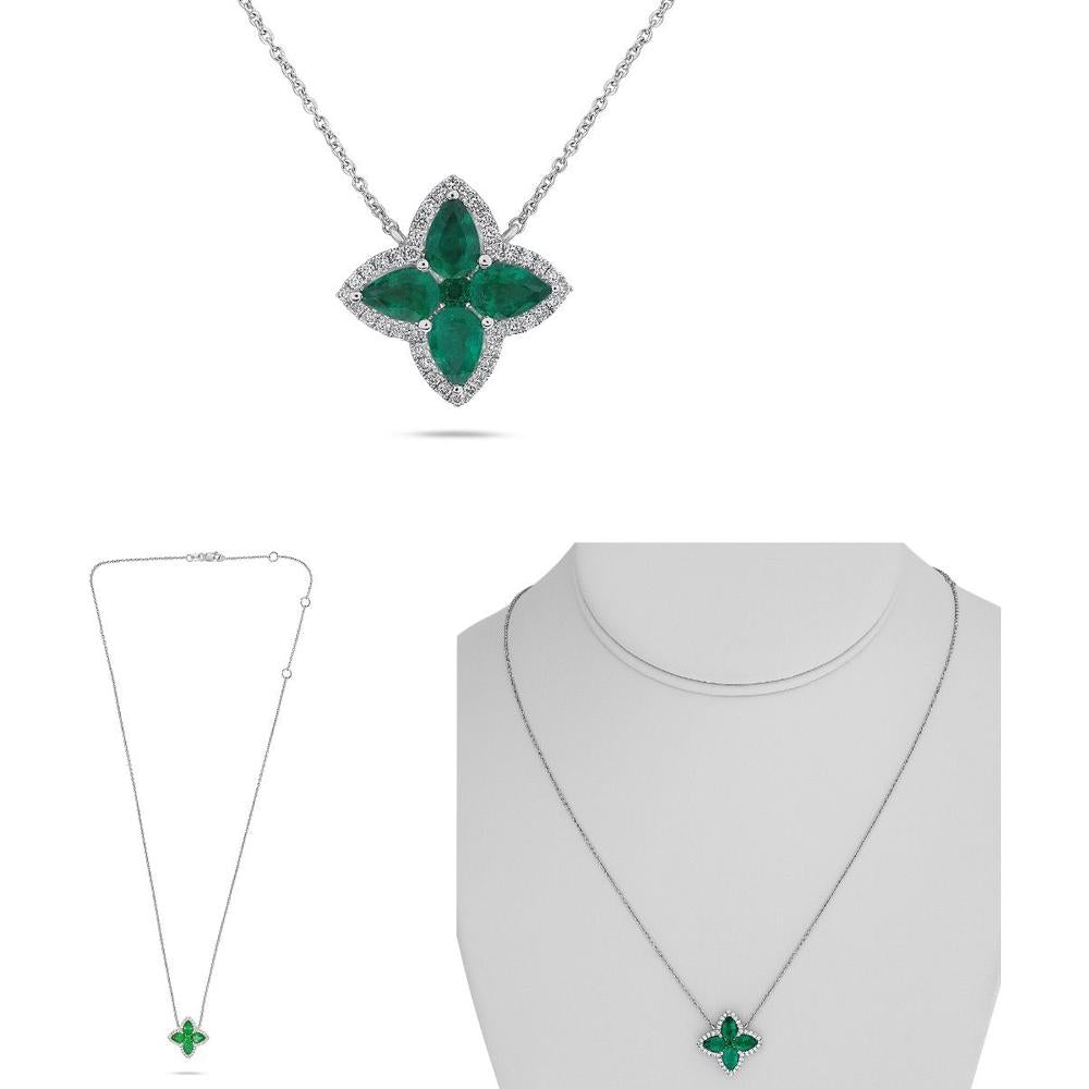 Roman & Jules - 18K White Gold Clover Pendant Necklace with Round Emerald and Diamonds - 0.44 Carat Total Emerald Weight, 0.21 Carat Total Diamond Weight