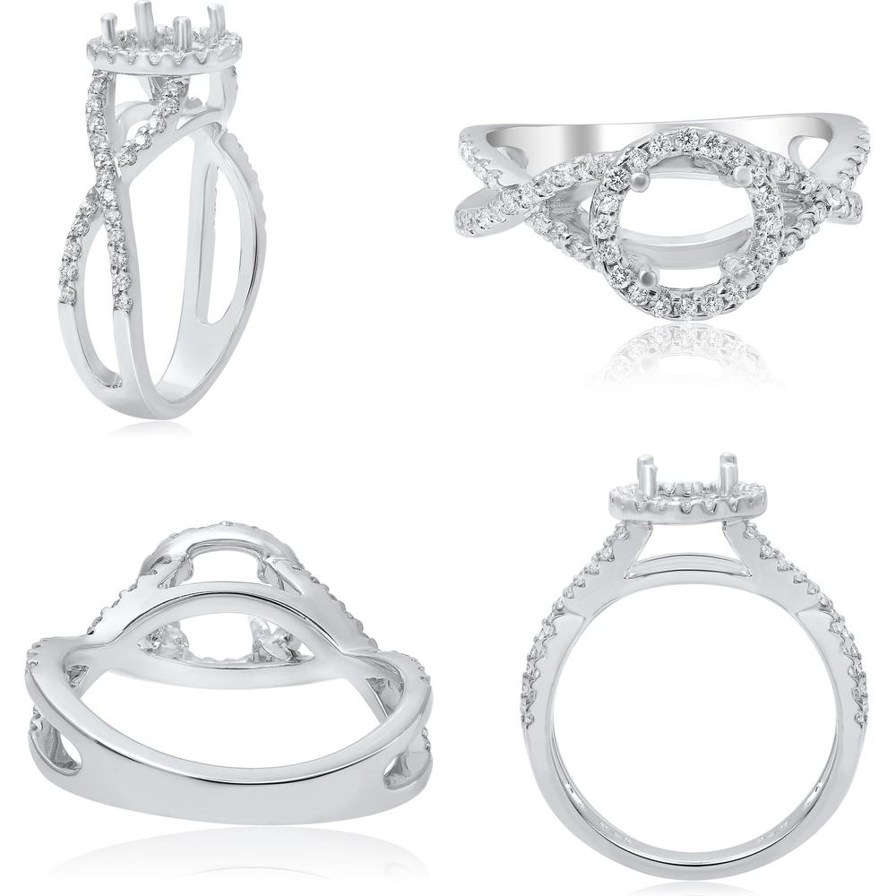 Roman & Jules - 18K White Gold Criss Cross Engagement Ring with Halo Set Round Diamond - 0.43 Carat Total Diamond Weight
