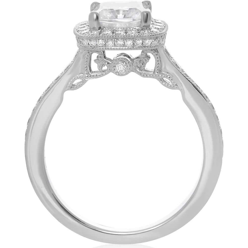 Roman & Jules - 18K White Gold Cushion Cut Diamond Halo Engagement Ring with Tapered Band - 0.44 Carat Diamond Weight