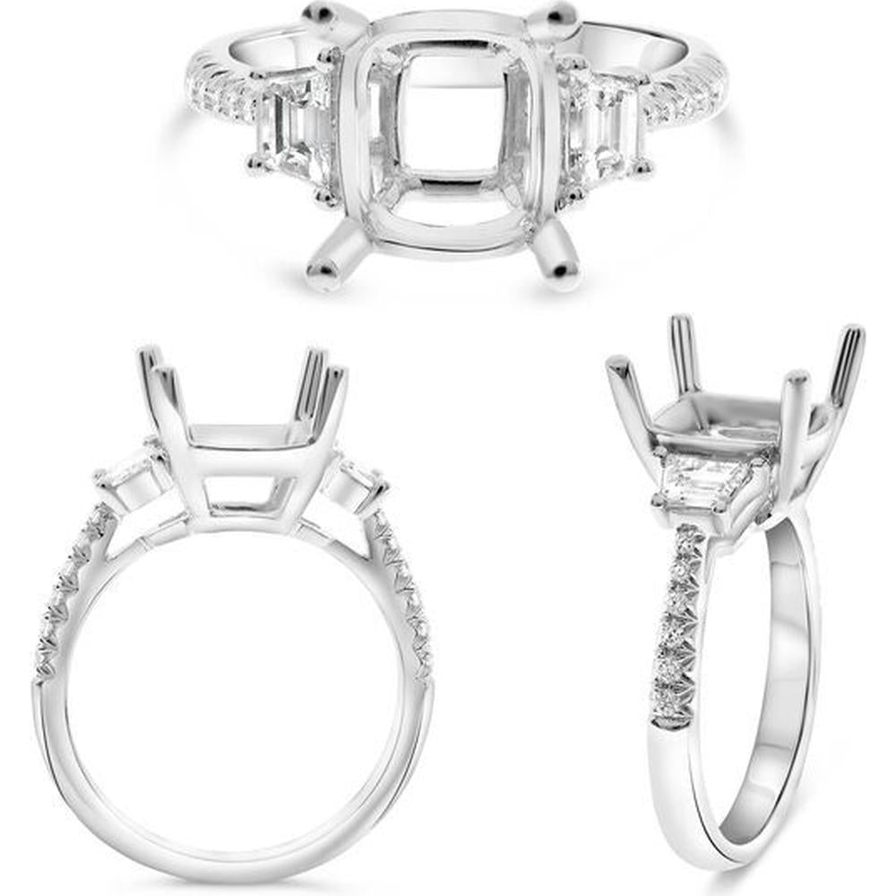 Roman & Jules - 18K White Gold Cushion Cut Diamond Ring with Trapezoid and Round Diamonds - 1.15 Carat Total Diamond Weight