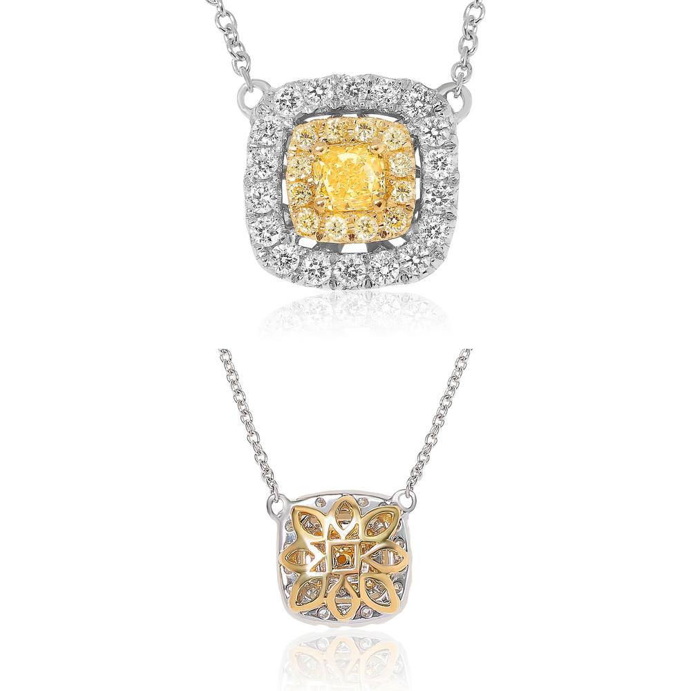 Roman & Jules - 18K White Gold Cushion Cut Fancy Yellow Diamond Pendant Necklace with Double Halo - 1.03 Carat Total Diamond Weight