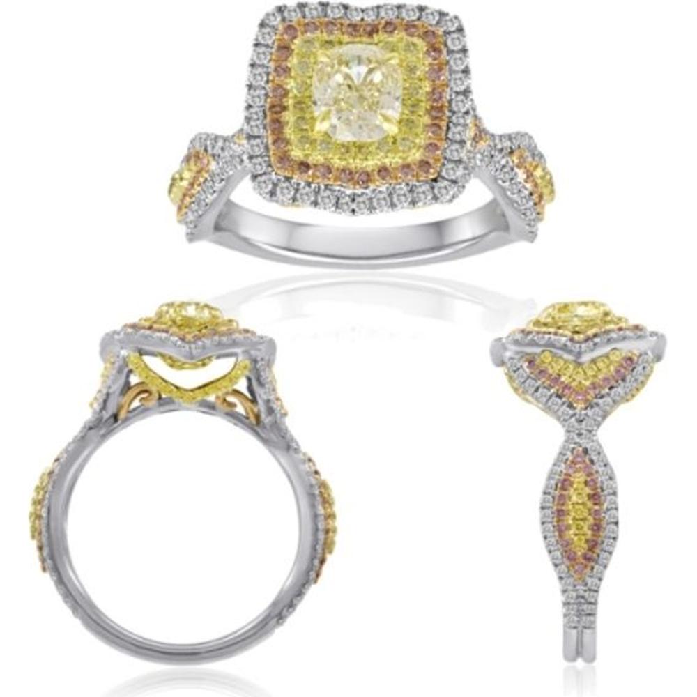 Roman & Jules - 18K White Gold Cushion Cut Fancy Yellow Diamond Ring with Pink Diamonds - 0.86 Carat Total Diamond Weight