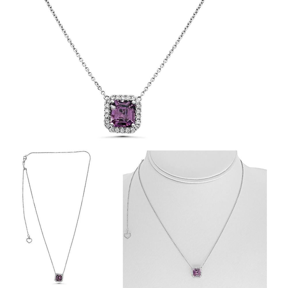 Roman & Jules - 18K White Gold Cushion Cut Pink Sapphire Necklace with Pavé Diamond Halo - 0.17 Carat Total Diamond Weight
