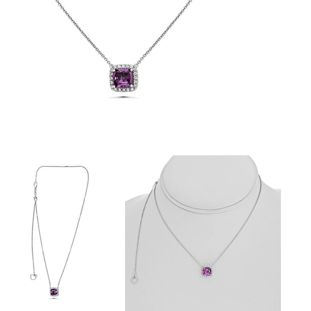 Roman & Jules - 18K White Gold Cushion Cut Pink Sapphire Necklace with Pave Diamond Halo - 2.00 Carat Sapphire, 0.15 Carat Total Diamond Weight