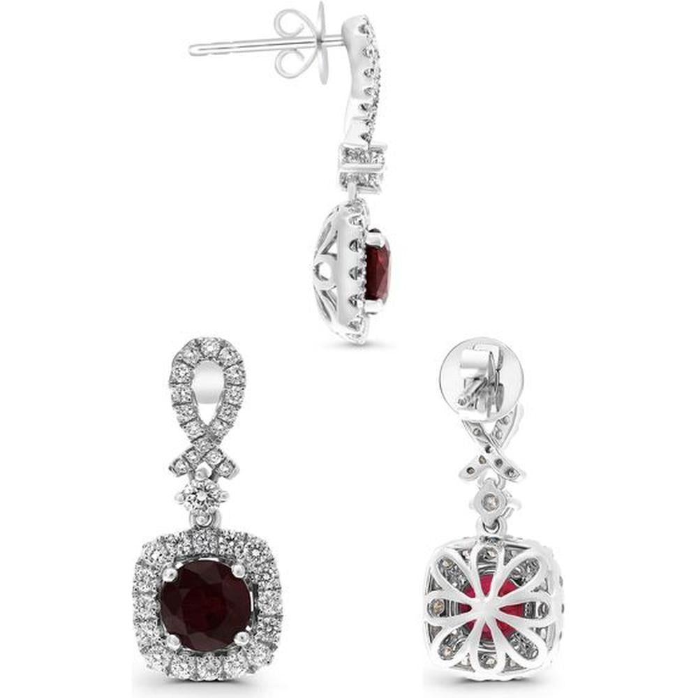 Roman & Jules - 18K White Gold Cushion-Cut Ruby Drop Earrings with Diamond Halo - 2.53 Carat Total Ruby Weight, 0.92 Carat Total Diamond Weight