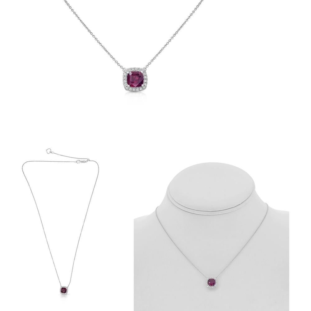 Roman & Jules - 18K White Gold Cushion Cut Ruby Necklace with Pave Diamond Halo - GIA Certified Ruby, 1.86 Carat Total Ruby Weight