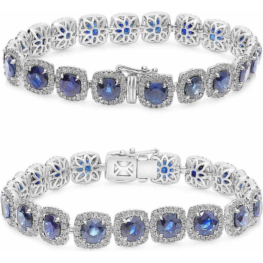 Roman & Jules - 18K White Gold Cushion Cut Sapphire Bracelet with Diamond Halo - 2.57 Carat Total Diamond Weight