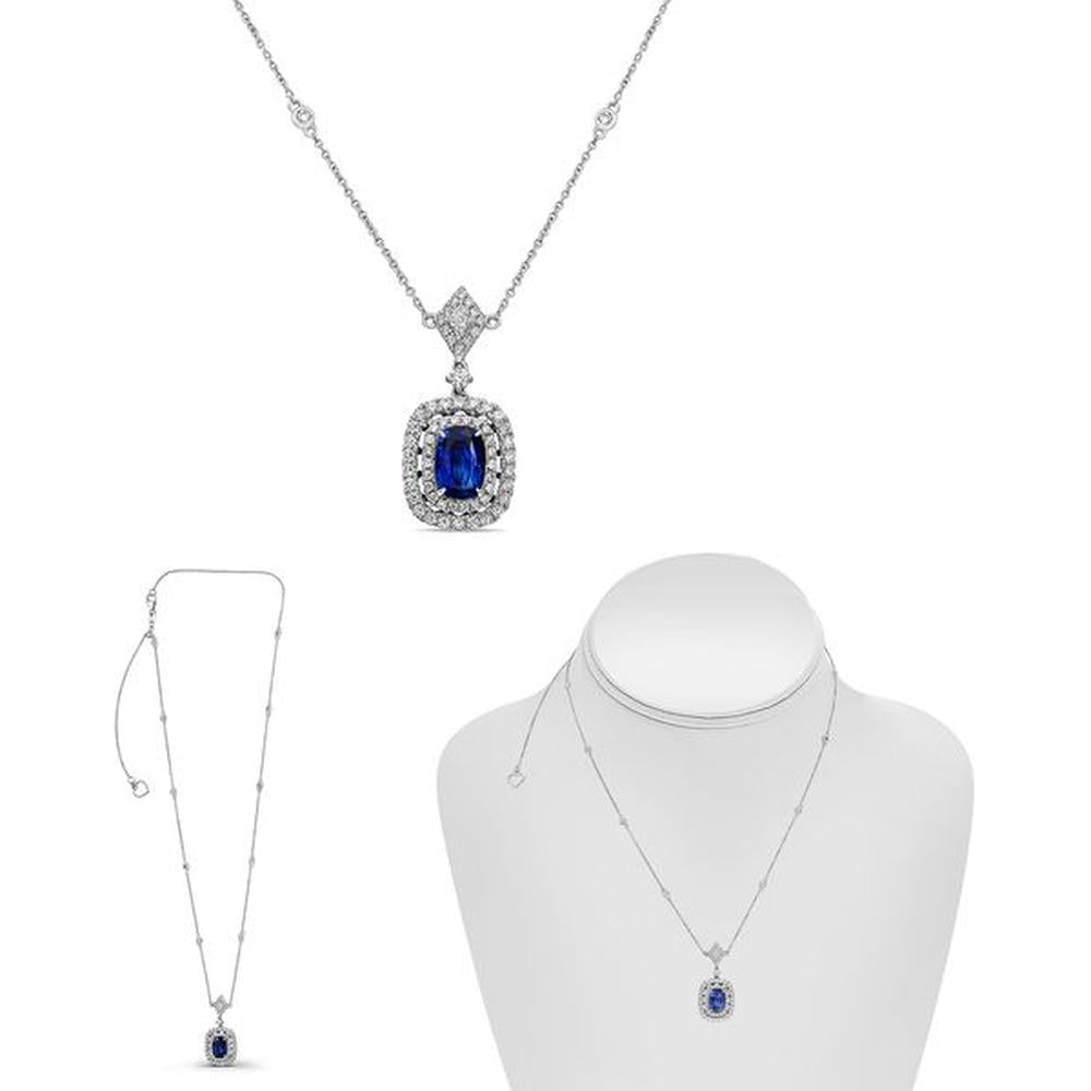 Roman & Jules - 18K White Gold Cushion Cut Sapphire Necklace with Diamond Halo - 1.90 Carat Sapphire, 0.69 Carat Diamond Total Weight
