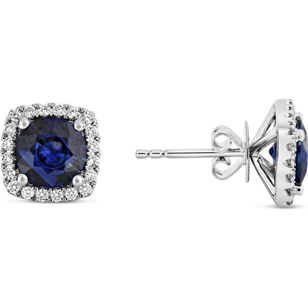 Roman & Jules - 18K White Gold Cushion Cut Sapphire Stud Earrings with Diamond Halo - 2.97 Carat Total Sapphire Weight