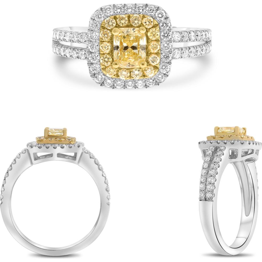 Roman & Jules - 18K White Gold Cushion Fancy Yellow Diamond Halo Ring with Round Diamonds - 1.11 Carat Total Diamond Weight
