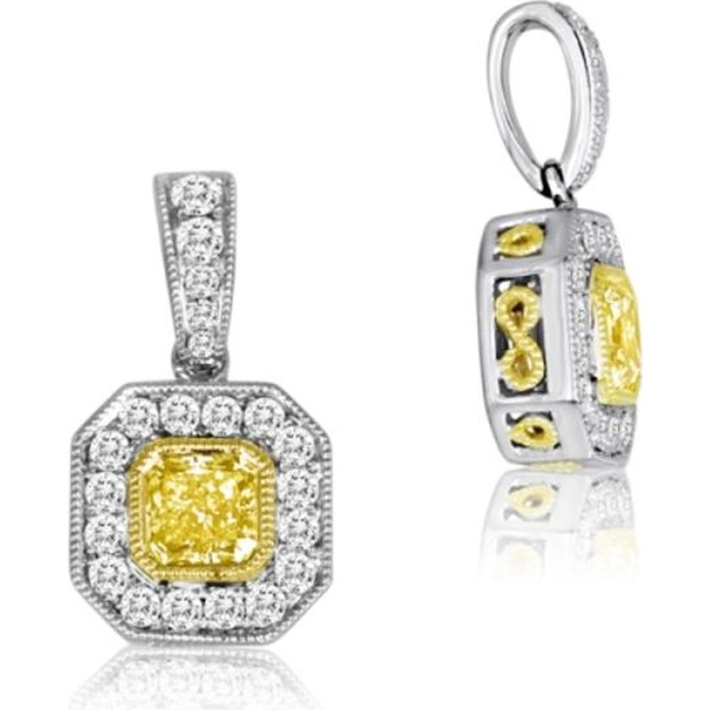 Roman & Jules - 18K White Gold Cushion Fancy Yellow Diamond Pendant with Diamond Halo - 0.78 Carat Total Diamond Weight