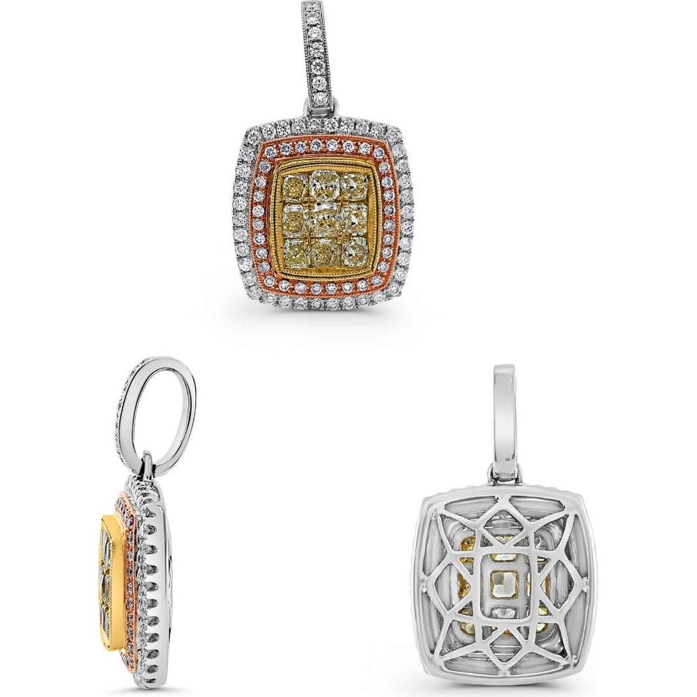 Roman & Jules - 18K White Gold Cushion Fancy Yellow Diamond Pendant with Pink Diamond and Round Diamond Halo - 1.90 Carat Total Diamond Weight