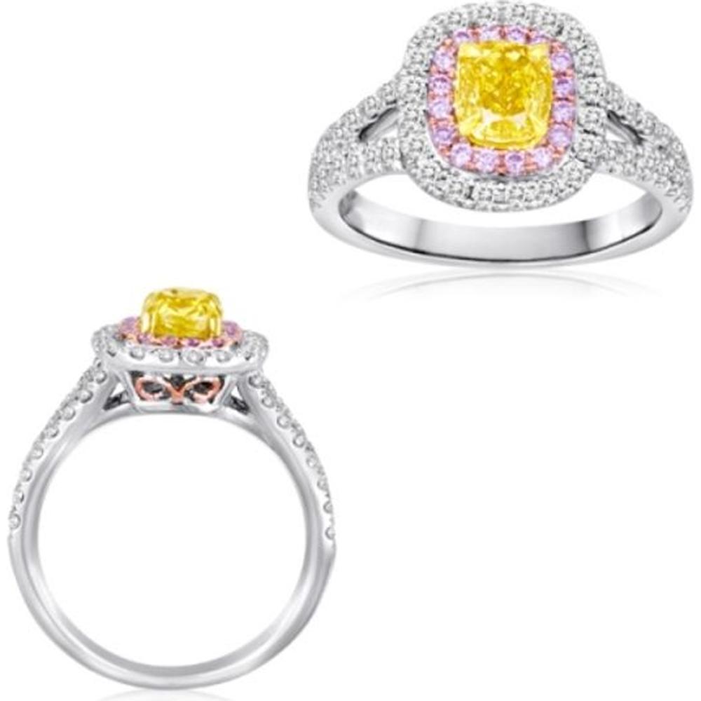 Roman & Jules - 18K White Gold Cushion Fancy Yellow Diamond Ring with Pink and Round Diamonds - 1.44 Carat Total Diamond Weight