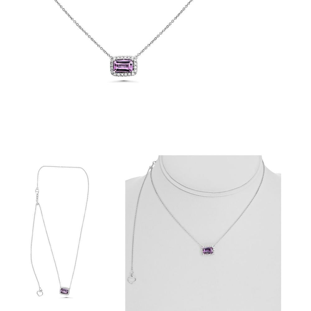 Roman & Jules - 18K White Gold Cushion Pink Sapphire Necklace with Halo of Round Diamonds - 1.60 Carat Total Gemstone Weight