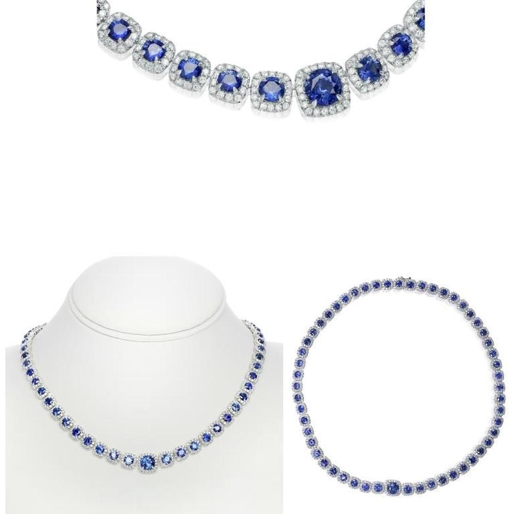 Roman & Jules - 18K White Gold Cushion Sapphire Necklace with Round Diamond Halo - 19.25 Carat Sapphire, 8.65 Carat Total Diamond Weight