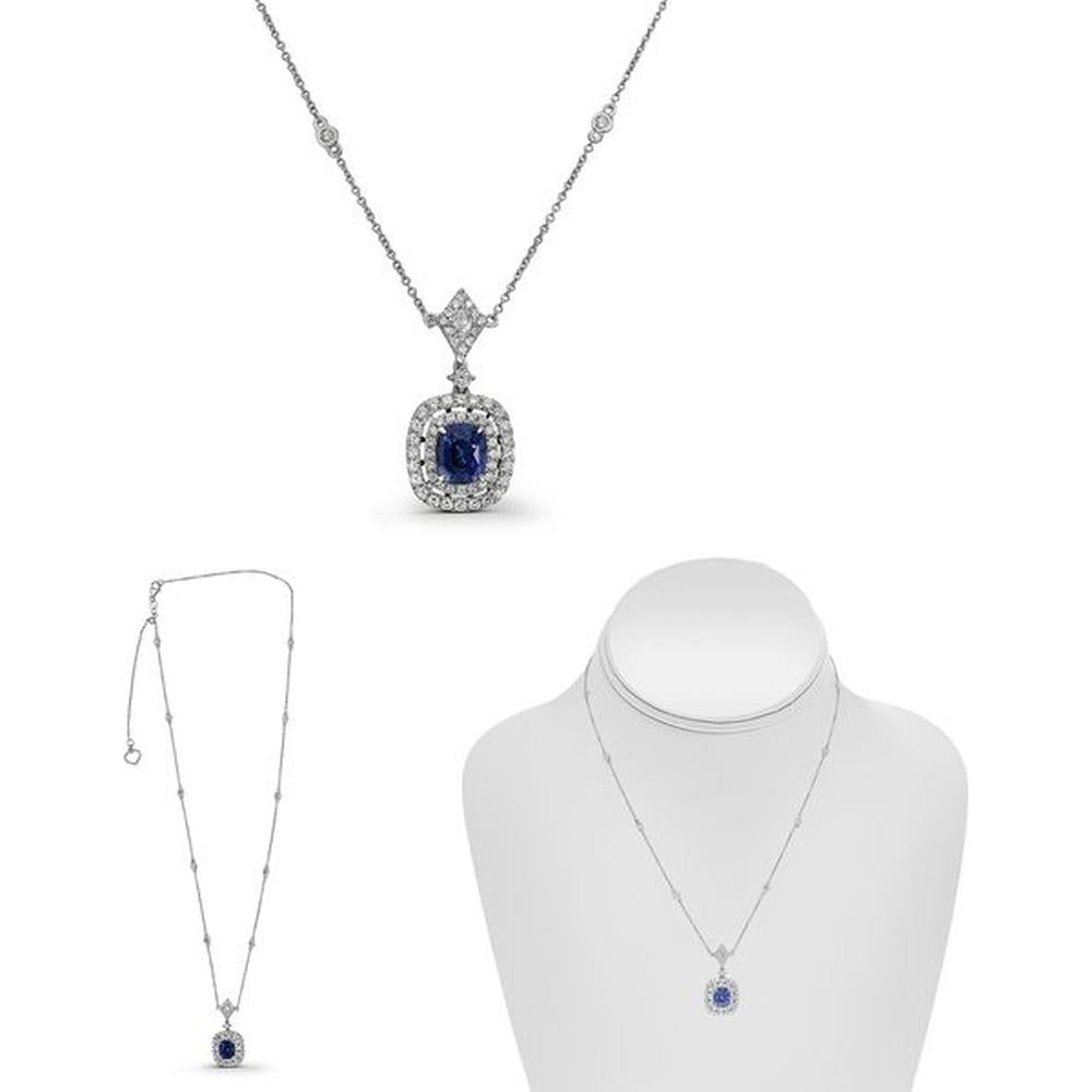 Roman & Jules - 18K White Gold Cushion Sapphire Necklace with Round Diamond Halo - 2.01 Carat Sapphire, 0.66 Carat Diamond Total Weight