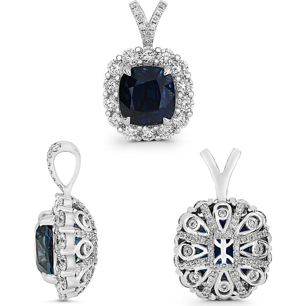 Roman & Jules - 18K White Gold Cushion Sapphire Pendant with Round Diamond Halo - 6.03 Carat Sapphire, 1.45 Carat Total Diamond Weight