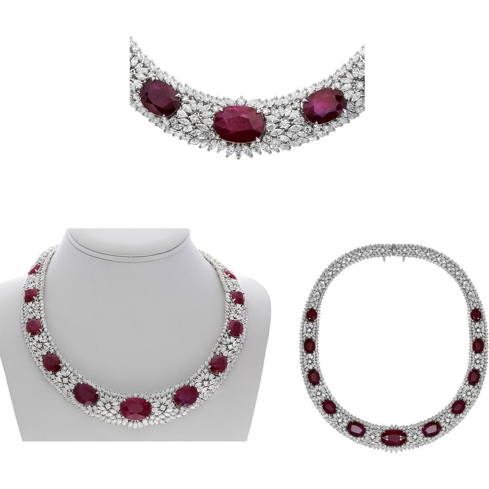 Roman & Jules - 18K White Gold Diamond & Ruby Collar Necklace - 4.77 Carat Total Diamond Weight, 37.24 Carat Total Ruby Weight