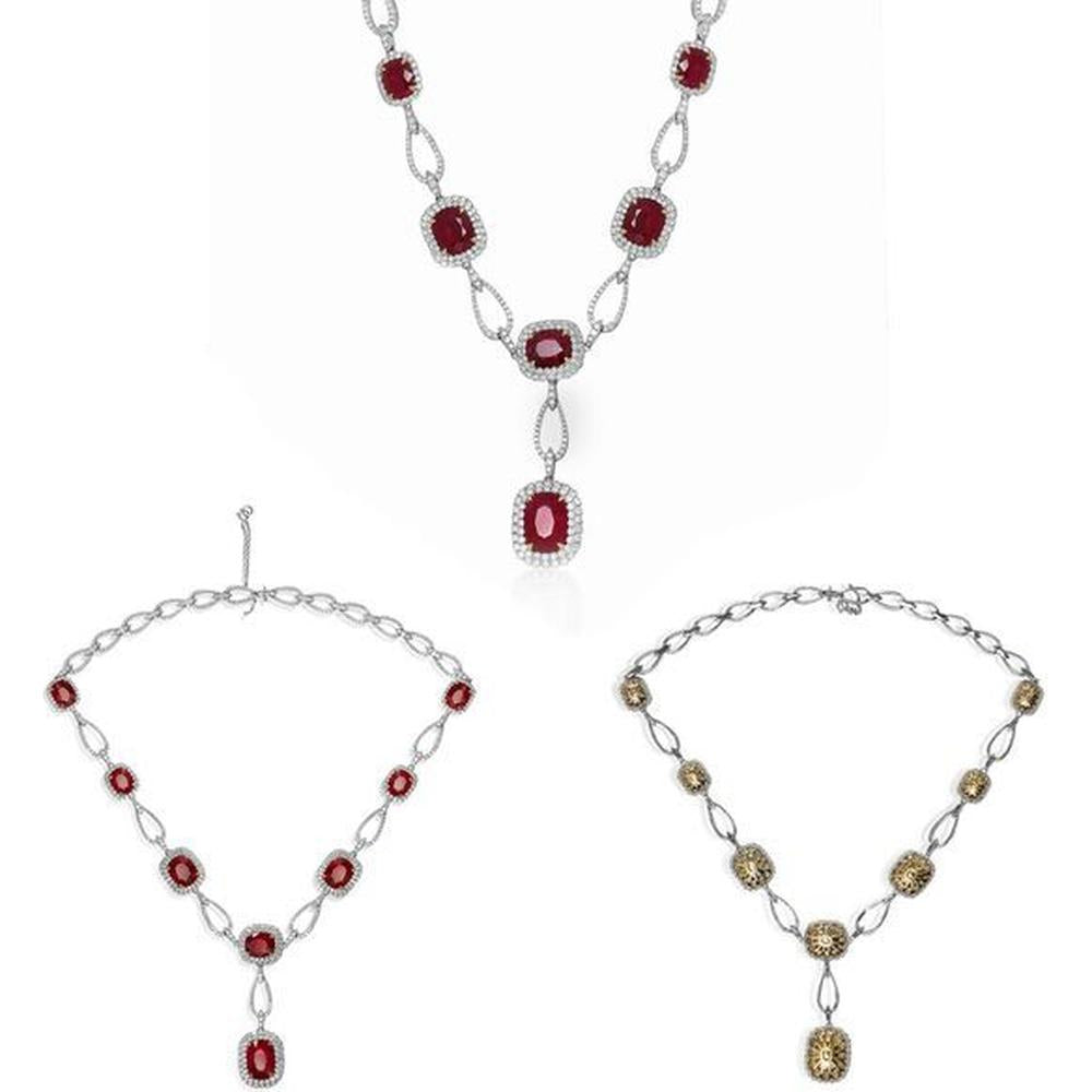Roman & Jules - 18K White Gold Double-Halo Oval Ruby Necklace with 28.69 Carat Total Ruby Weight and Round Diamonds