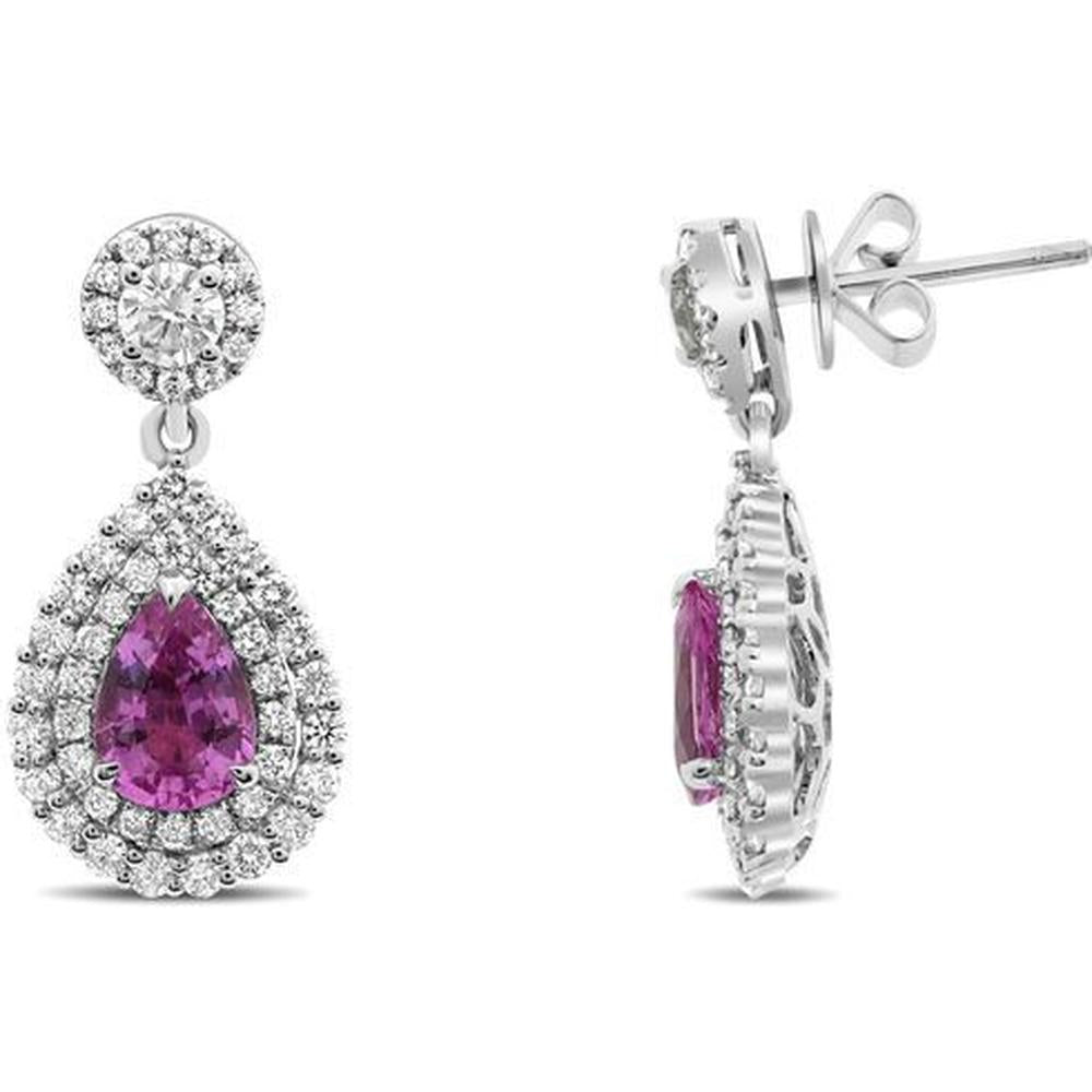 Roman & Jules - 18K White Gold Double Halo Pink Sapphire Drop Earrings with Round Diamonds - 2.71 Carat Total Sapphire and Diamond Weight