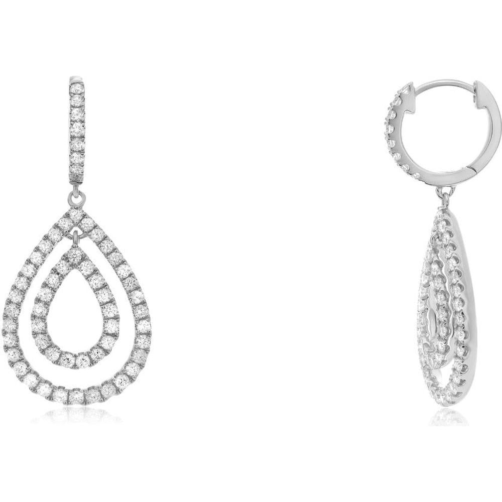 Roman & Jules - 18K White Gold Double Row Diamond Drop Earrings with Round Diamonds - 1.54 Carat Total Diamond Weight