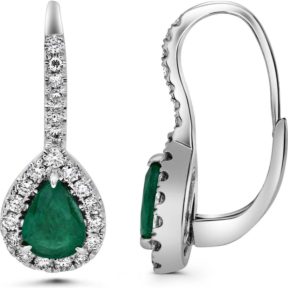 Roman & Jules - 18K White Gold Drop Earrings with Emeralds and Diamond Halo - 1.32 Carat Total Emerald Weight