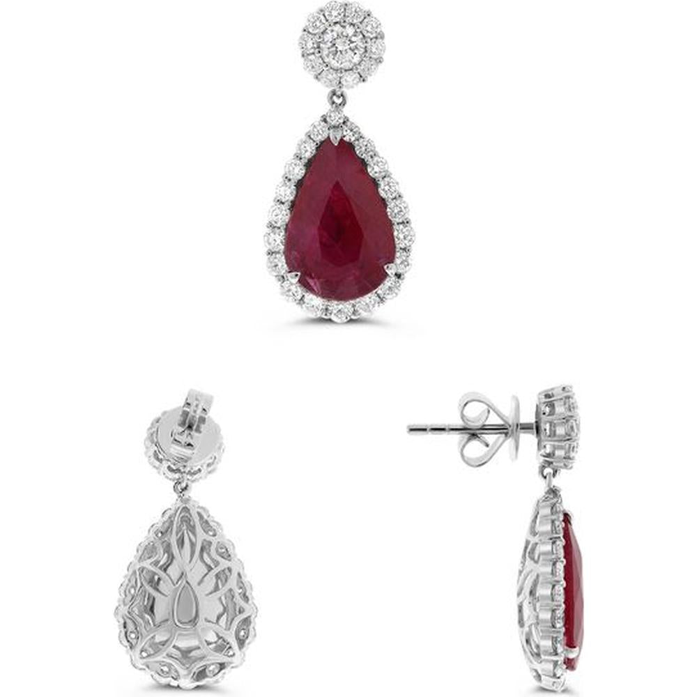 Roman & Jules - 18K White Gold Drop Earrings with Pear-Shaped Ruby and Diamond Halo - 5.34 Carat Total Ruby Weight, 1.39 Carat Total Diamond Weight