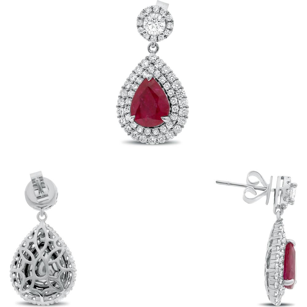 Roman & Jules - 18K White Gold Drop Earrings with Pear-Shaped Ruby and Double Halo of Round Diamonds - 1.03 Carat Ruby, 0.88 Carat Diamond Total Weight