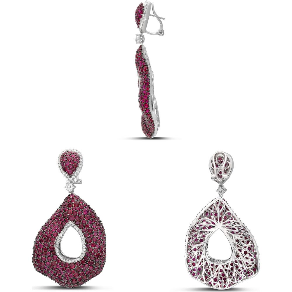 Roman & Jules - 18K White Gold Drop Earrings with Ruby Cluster and Round Diamonds - 17.24 Carat Total Ruby Weight, 0.34 Carat Diamonds