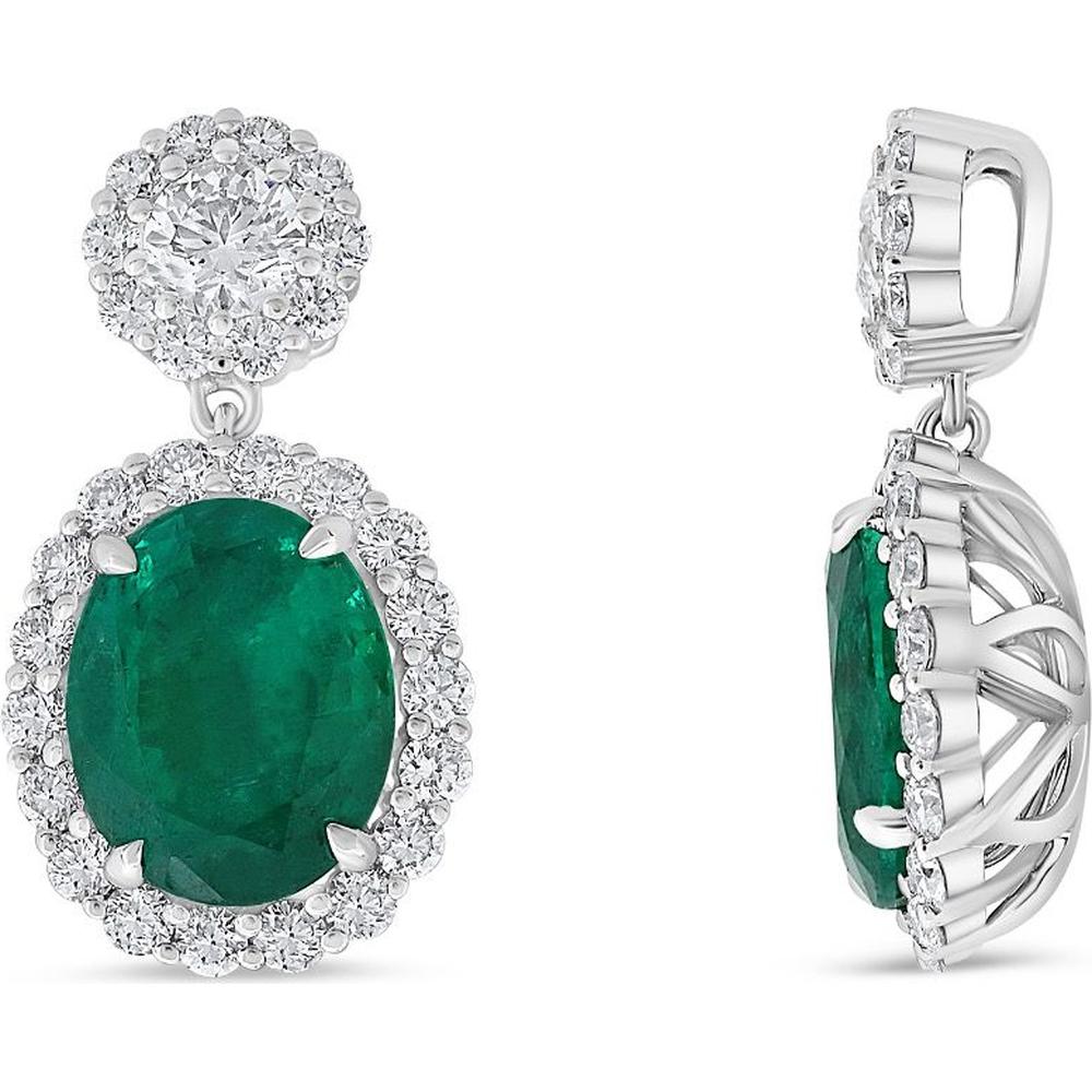 Roman & Jules - 18K White Gold Earrings with Oval Emerald and Diamond Halo - 2.59 Carat Emerald, 0.60 Carat Total Diamond Weight