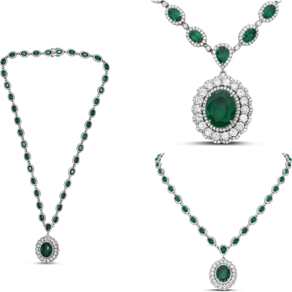 Roman & Jules - 18K White Gold Emerald and Diamond Halo Drop Necklace with GIA-Certified 13.37 Carat Oval Emerald and 7.78 Carat Round Diamonds