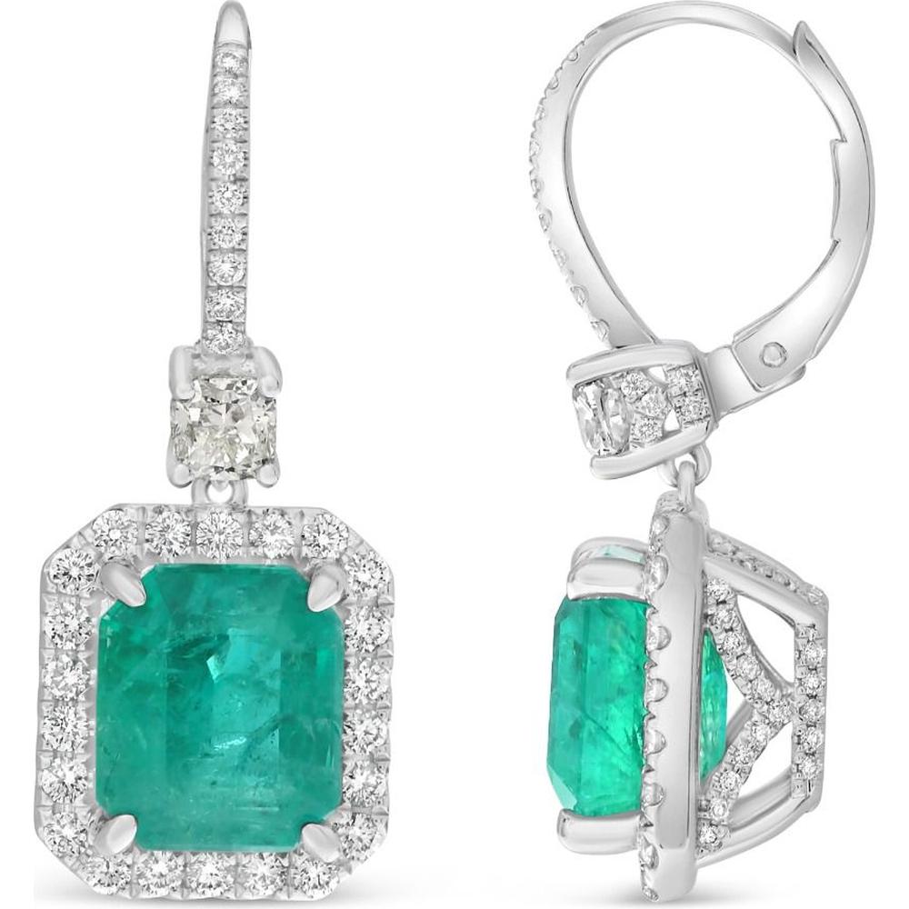 Roman & Jules - 18K White Gold Emerald Cut Drop Earrings with Round Diamond Halo - 3.74 Carat Total Emerald Weight, 1.14 Carat Total Diamond Weight