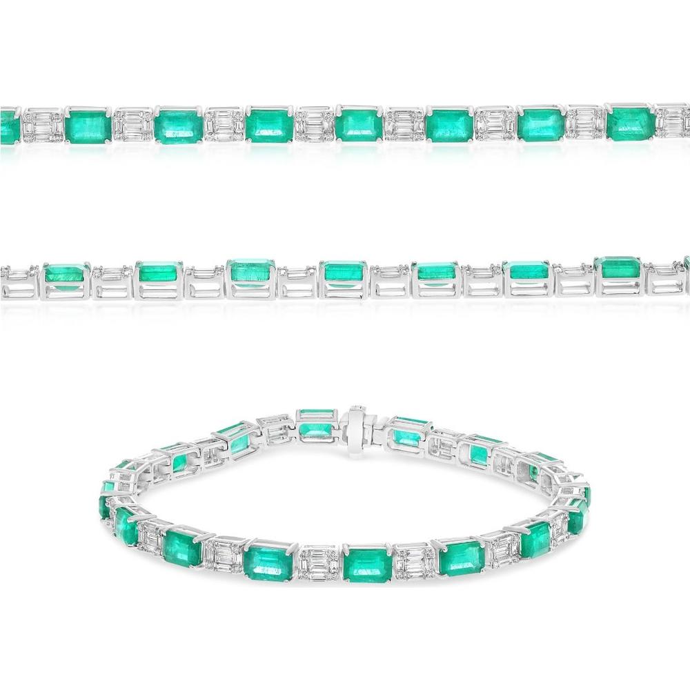 Roman & Jules - 18K White Gold Emerald Cut Emerald and Baguette Diamond Bracelet - 9.80 Carat Total Emerald Weight, 0.18 Carat Total Diamond Weight