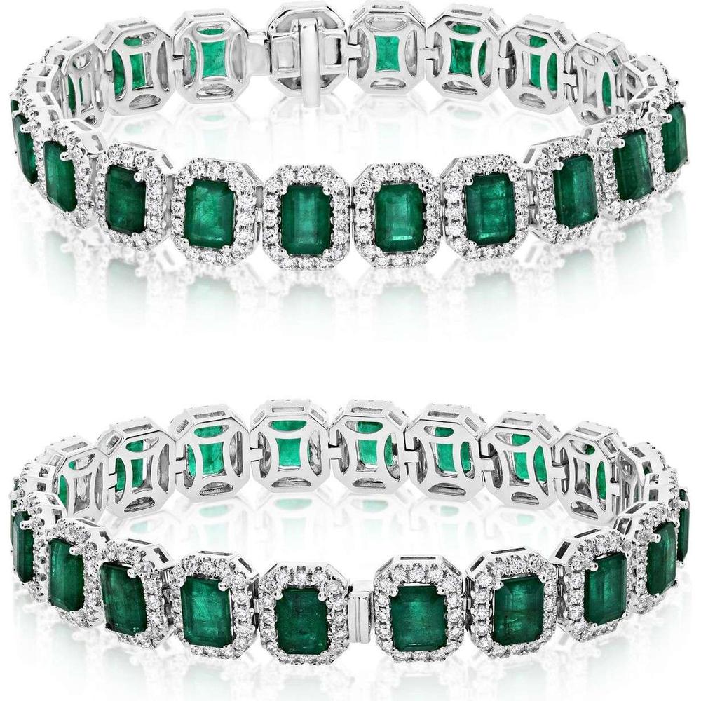 Roman & Jules - 18K White Gold Emerald Cut Emerald Bracelet with Halo of Round Diamonds - 20.75 Carat Total Emerald Weight, 4.45 Carat Total Diamond Weight