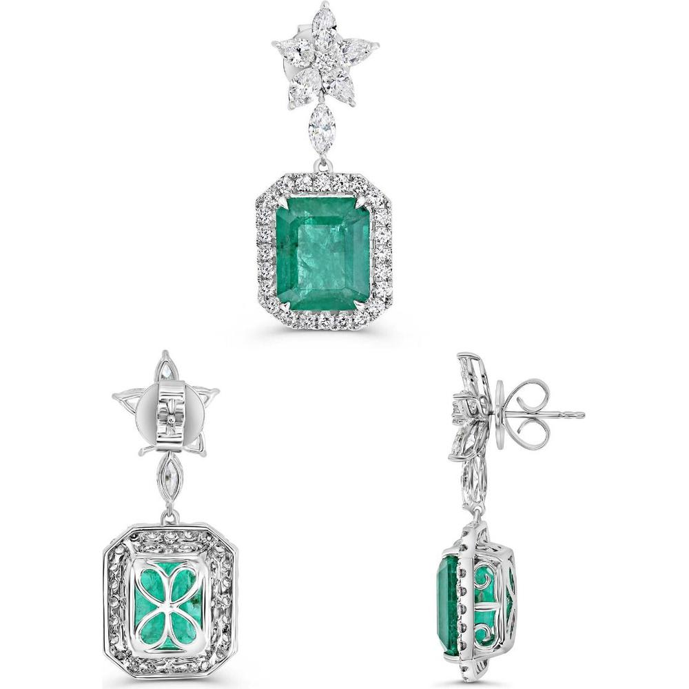 Roman & Jules - 18K White Gold Emerald Cut Emerald Earrings with Diamond Halo - 1.37 Carat Total Diamond Weight