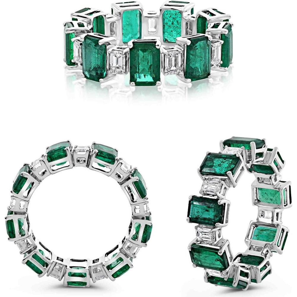 Roman & Jules - 18K White Gold Emerald Cut Emerald Eternity Ring with Diamond Accents - 5.00 Carat Total Gem Weight
