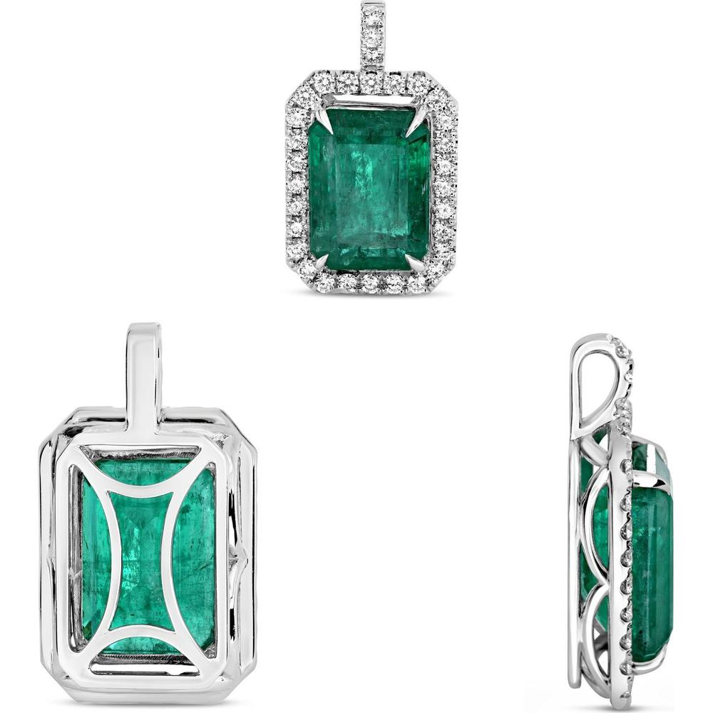 Roman & Jules - 18K White Gold Emerald Cut Emerald Pendant with Diamond Halo - 7.53 Carat Emerald Weight