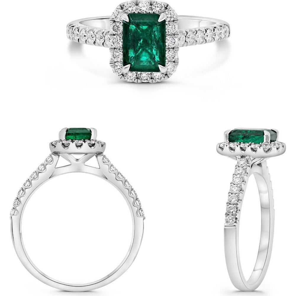 Roman & Jules - 18K White Gold Emerald Cut Emerald Ring with Round Diamond Halo - 1.57 Carat Total Weight