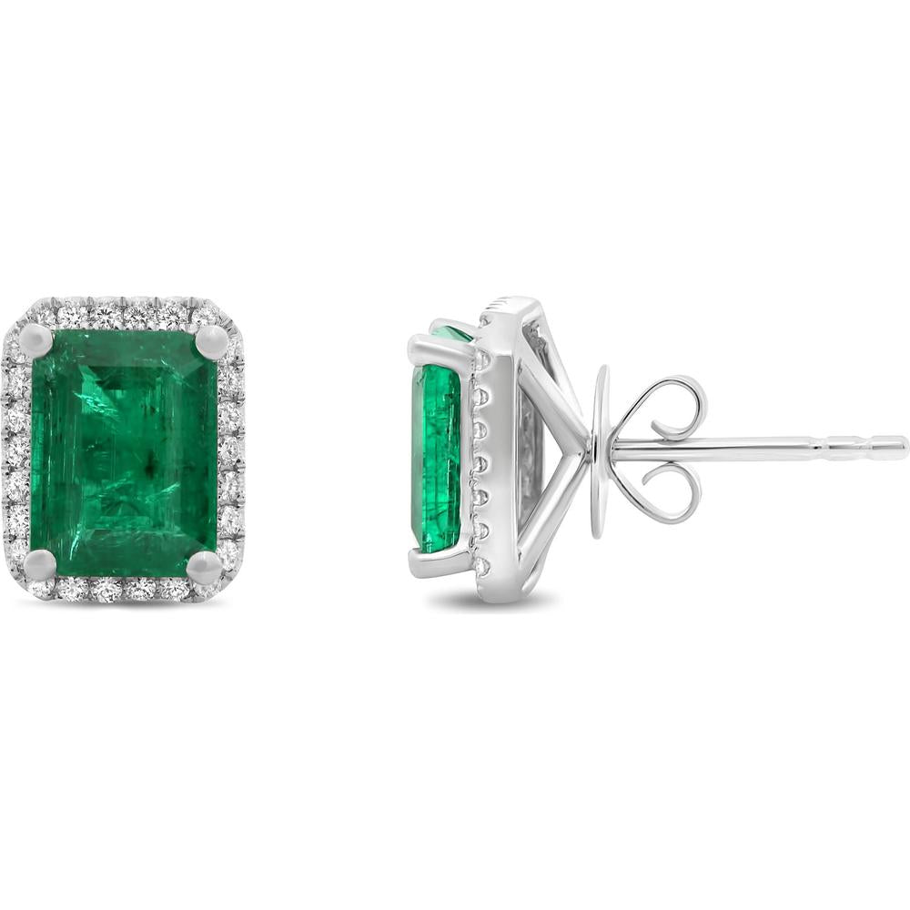 Roman & Jules - 18K White Gold Emerald Cut Emerald Stud Earrings with Round Diamond Halo - 1.62 Carat Total Emerald Weight