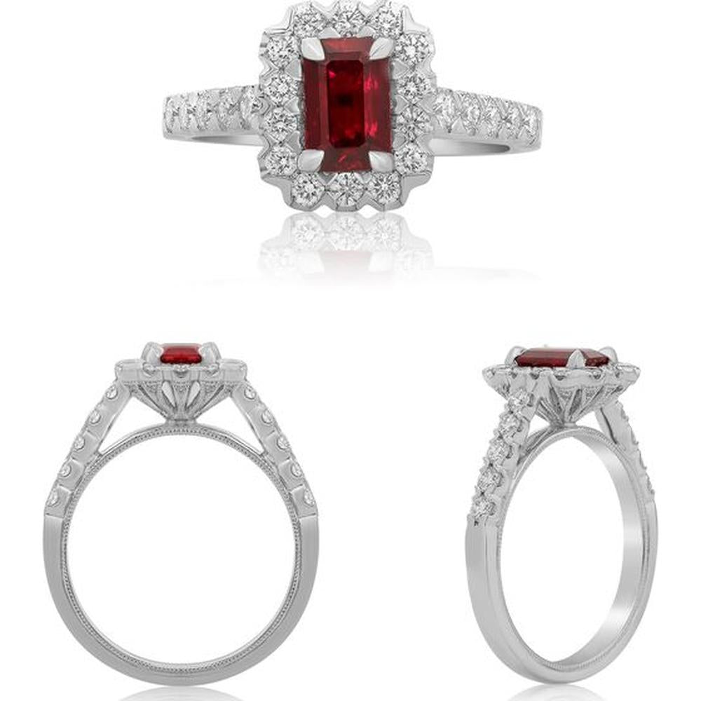 Roman & Jules - 18K White Gold Emerald Cut Ruby Ring with Round Diamond Halo - 0.65 Carat Total Diamond Weight