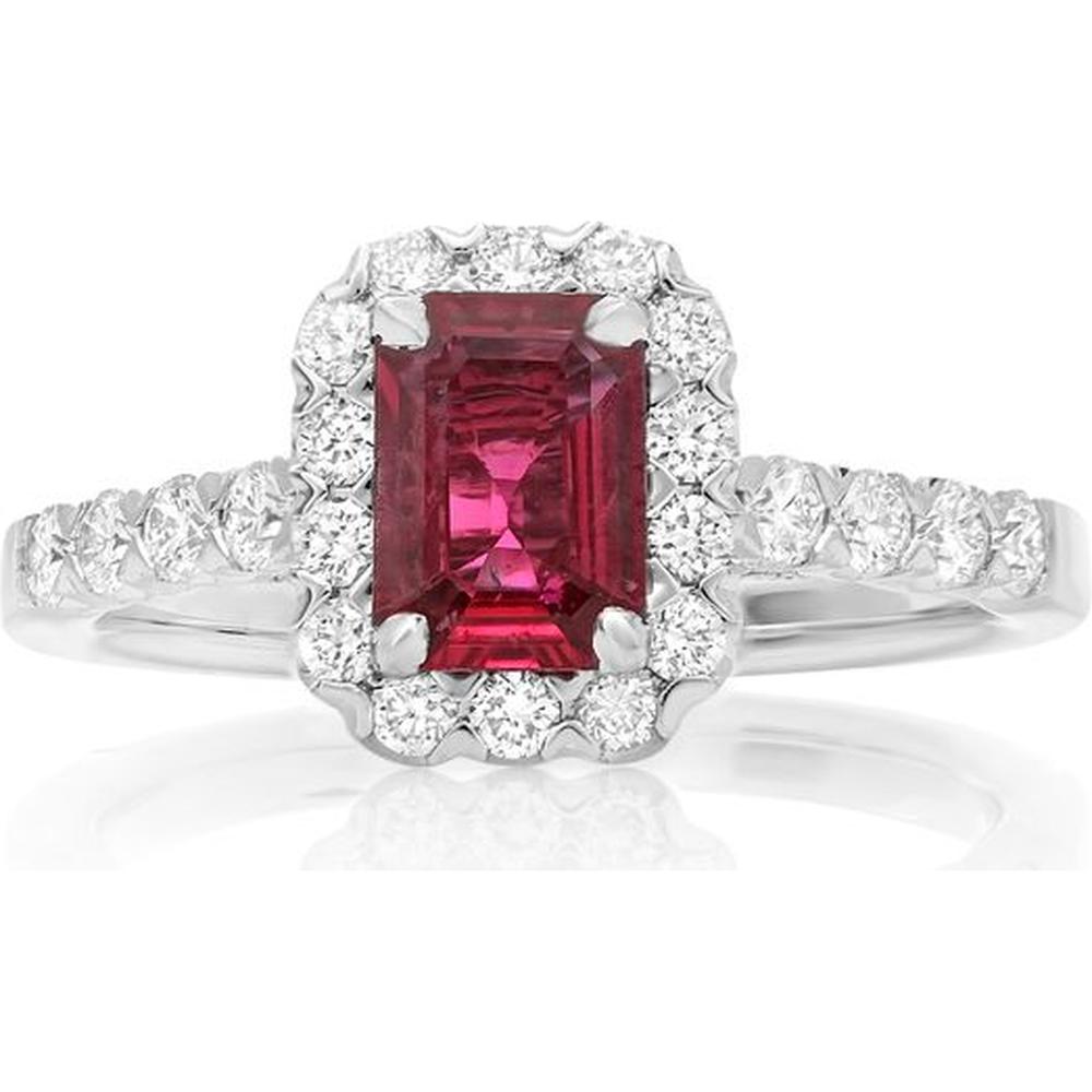 Roman & Jules - 18K White Gold Emerald Cut Ruby Ring with Round Diamond Halo - 1.77 Carat Total Gem Weight