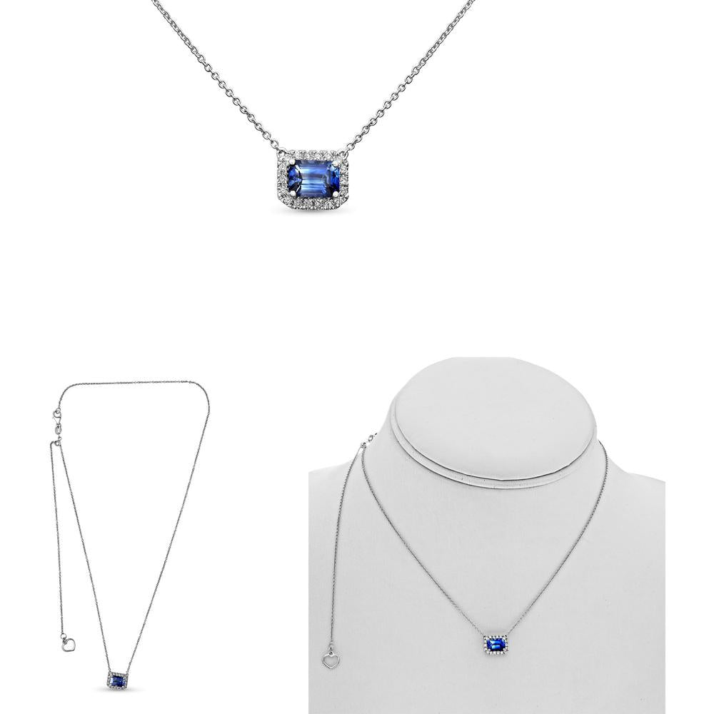 Roman & Jules - 18K White Gold Emerald Cut Sapphire Necklace with Diamond Halo - 1.33 Carat Sapphire, 0.15 Carat Total Diamond Weight