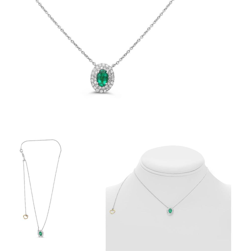 Roman & Jules - 18K White Gold Emerald Double Halo Necklace with Round Diamonds - 0.63 Carat Total Gem Weight