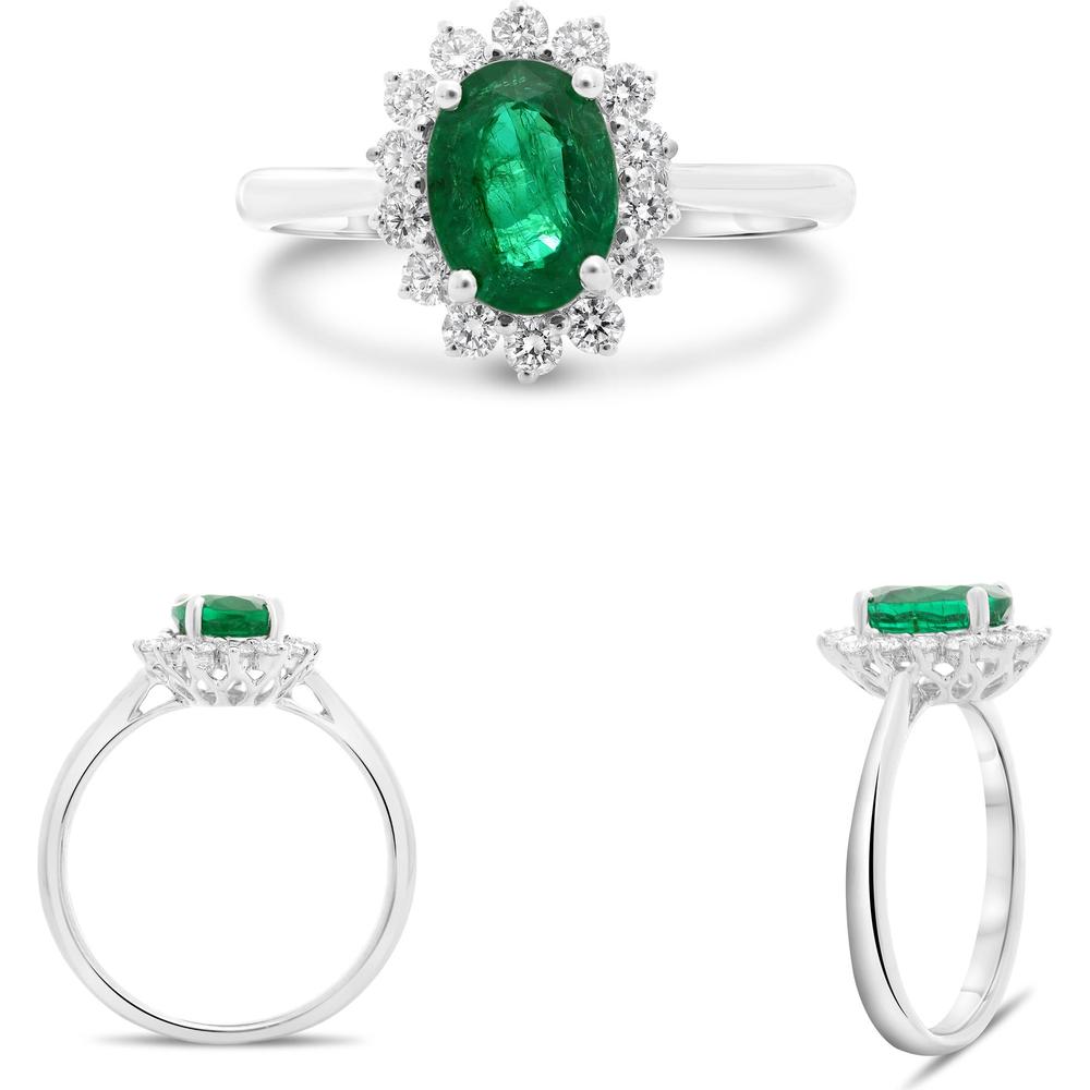 Roman & Jules - 18K White Gold Emerald Flowering Halo Ring with Round Diamonds - 1.64 Carat Total Gem Weight