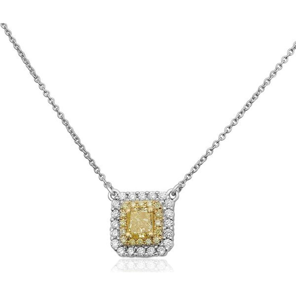 Roman & Jules - 18K White Gold Fancy Yellow Cushion Cut Diamond Necklace with Round White Diamond Halo - 0.56 Carat Total Diamond Weight