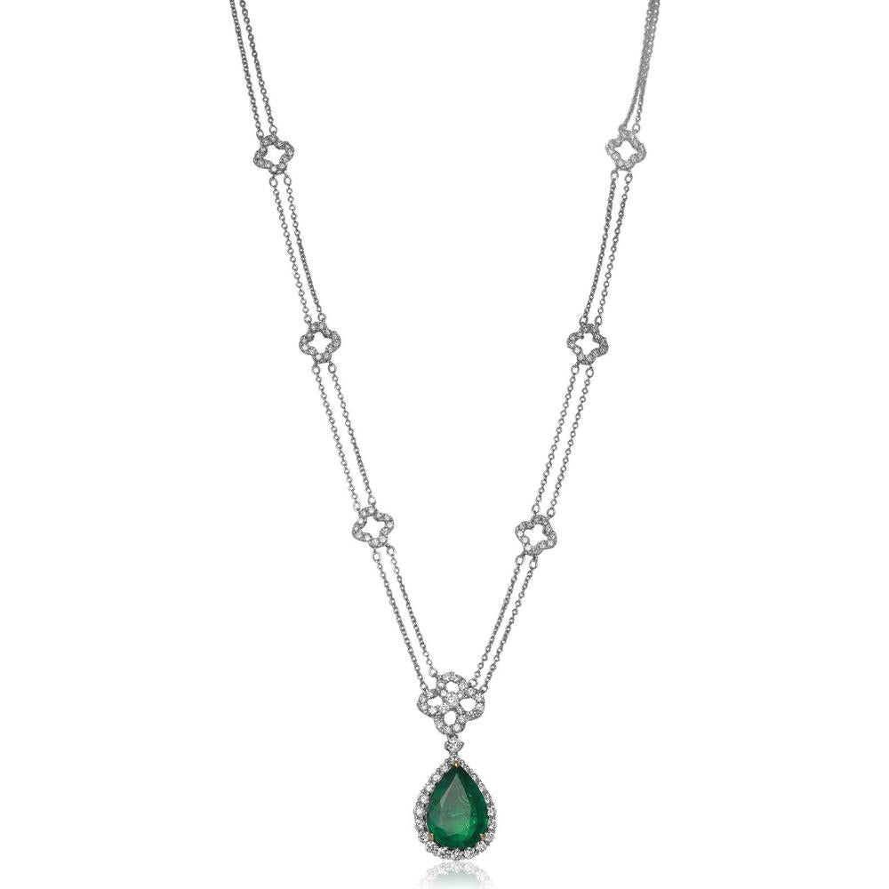 Roman & Jules - 18K White Gold Five Carat Pear-Shaped Emerald Necklace with Halo of Round Diamonds - 4.99 Carat Emerald, 1.72 Carat Diamonds